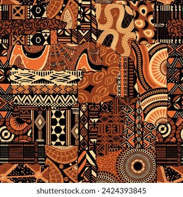 Traditional ethnic African fabric patchwork wallpaper vintage abstract vector seamless pattern for fabric shirt wallpaper card cloth tablecloth pillow