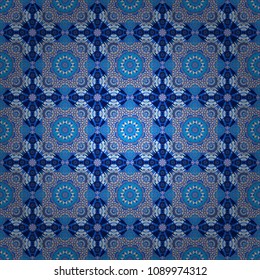 Traditional ethnic background in beige, blue and gray colors. Vector colorful kaleidoscopic seamless pattern for textile, ceramic tiles, wallpapers and fabric.