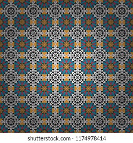 Traditional ethnic background in gray, blue and orange colors. Vector colorful kaleidoscopic seamless pattern for textile, ceramic tiles, wallpapers and fabric.