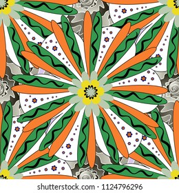 Traditional ethnic background in gray, orange and blue colors. Colorful kaleidoscopic seamless pattern for textile, ceramic tiles, wallpapers and fabric.