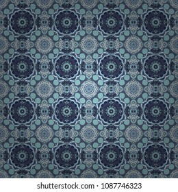 Traditional ethnic background in gray, violet and blue colors. Vector colorful kaleidoscopic seamless pattern for textile, ceramic tiles, wallpapers and fabric.