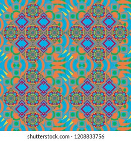 Traditional ethnic background in orange, green and blue colors. Vector colorful kaleidoscopic seamless pattern for textile, ceramic tiles, wallpapers and fabric.