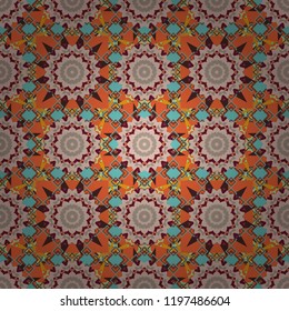 Traditional ethnic background in orange, red and brown colors. Vector colorful kaleidoscopic seamless pattern for textile, ceramic tiles, wallpapers and fabric.