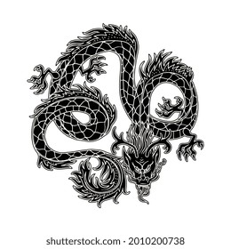 Traditional ethnic black chinese dragon art picture. Ancient mythology asian culture animal and symbol of china, cartoon vector illustration isolated white background