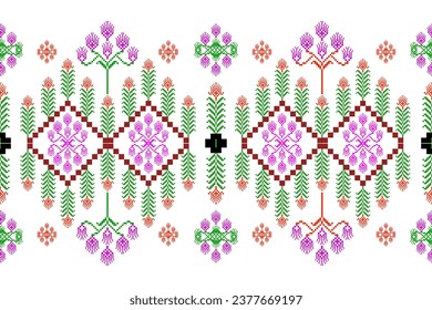 Traditionelles ethnisches Stoffmuster, nahtloses Musterdesign für Textilien, Teppiche, Tapeten, Kleidung, Sarong, Schal, Batik, Wrap, Stickerei, Druck, Hintergrund, Vektorgrafik. Thai-Gewebe, Pixel