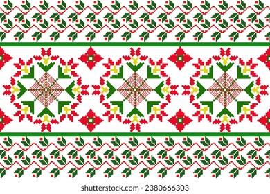 Patrón de tejido étnico tradicional, diseño de patrón sin costuras para textiles, alfombras, papel pintado, ropa, sarong, pañuelo, batik, envoltura, bordado, impresión, fondo, ilustración vectorial.árbol de navidad, santa