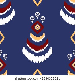 Traditional Ethnic Feathers and Sign of Origins. On Navy Blue Denim Background. Red Yellow White Needle Craft Embroidery Seamless Pattern Vector. Peacock's Textiles, Fabric, Batik, Kebaya, Hand draw