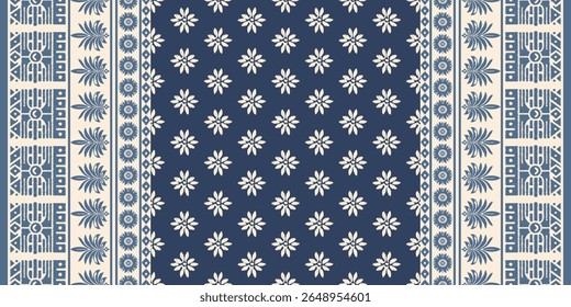 Traditional ethnic floral embroidery pattern with beige motifs on blue background, inspired by Indian saree textile design, perfect for clothing, carpet, fabric, decoration, and fashion artwork.