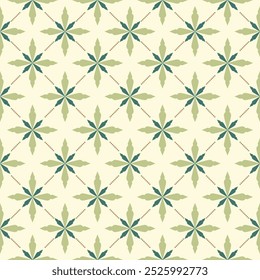 Traditional Ethnic Floral Seamless Pattern Vector. Green Weaves Homespun on Beige Background. Simply Classic Fabric Aztec Inca Style, Nature, Refresh, Neat, hand draw, carpet, fashion, textile, kebaya