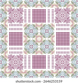 Traditional ethnic or folk embroidery patterns are similar to these themes. The design's center and border parts consist of repeated tiles in blue, pink, green, and yellow with diamond and flower-like