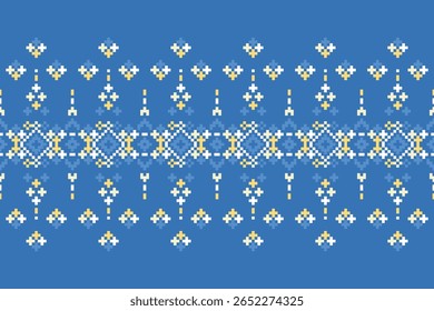 Traditional ethnic geometric fabric pattern seamless pixel design in blue textile art contemporary environment