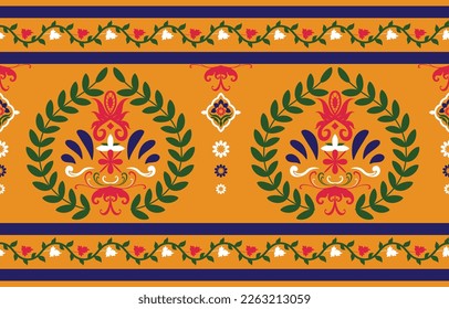 Patrón tradicional de la India étnica sin fisuras con adorno de damasco, motivo indio, diseño de elementos florales para el patrón de tejas, alfombra, fondo, sarong, saree, archivo vectorial.