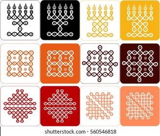 Traditional Ethnic Indian ornament in warm colors, Kolam Rangoli icons  in white and colored backgrounds