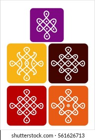 Traditional Ethnic Indian ornament in warm colors, Kolam Rangoli icons  in colored backgrounds