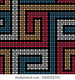 Traditional ethnic maze design with interlocking dotted lines. Geometric composition with red, blue, white, and yellow small dots on a black background. Modern style. Seamless repeating pattern.