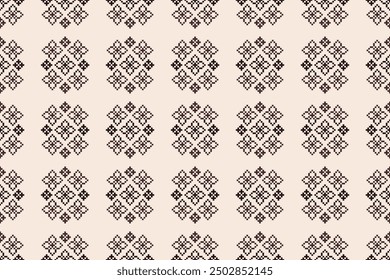 Traditional ethnic motif ikat geometric fabric pattern cross stitch.Ikat embroidery Ethnic oriental Pixel brown cream label background. Abstract,vector,illustration. Texture,decoration,wallpaper.