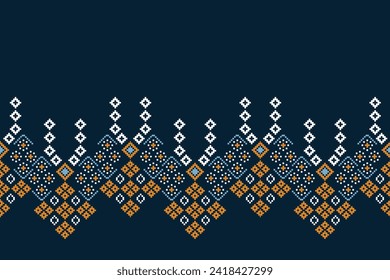 Traditional ethnic motifs ikat geometric fabric pattern cross stitch.Ikat embroidery Ethnic oriental Pixel navy blue background. Abstract,vector,illustration. Texture,scarf,decoration,wallpaper.