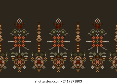 Traditional ethnic motifs ikat geometric fabric pattern cross stitch.Ikat embroidery Ethnic oriental Pixel brown background. Abstract,vector,illustration. Texture,scarf,decoration,wallpaper.