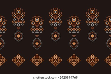 Traditional ethnic motifs ikat geometric fabric pattern cross stitch.Ikat embroidery Ethnic oriental Pixel brown background. Abstract,vector,illustration. Texture,scarf,decoration,wallpaper.