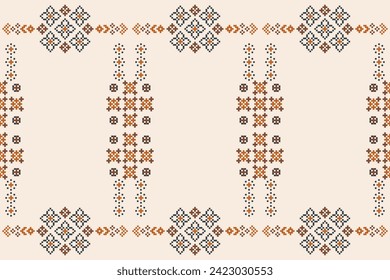 Traditional ethnic motifs ikat geometric fabric pattern cross stitch.Ikat embroidery Ethnic oriental Pixel brown cream background. Abstract,vector,illustration. Texture,scarf,decoration,wallpaper.