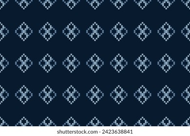 Traditional ethnic motifs ikat geometric fabric pattern cross stitch.Ikat embroidery Ethnic oriental Pixel navy blue background. Abstract,vector,illustration. Texture,scarf,decoration,wallpaper.