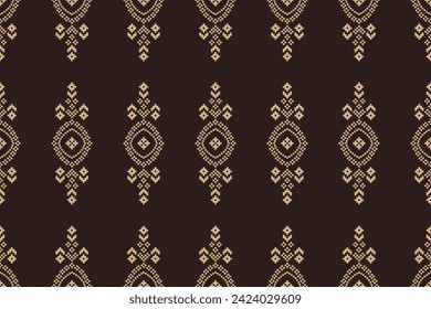 Motivos étnicos tradicionales ikat patrón de tela geométrica cruzan el costado. Borde de Ikat Origen étnico oriental Pixel fondo marrón. Resumen,vector,ilustración. Textura, bufanda, decoración, papel pintado.