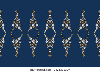 Traditional ethnic motifs ikat geometric fabric pattern cross stitch.Ikat embroidery Ethnic oriental Pixel navy blue background. Abstract,vector,illustration. Texture,scarf,decoration,wallpaper.