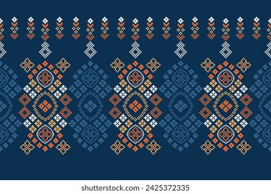 Traditional ethnic motifs ikat geometric fabric pattern cross stitch.Ikat embroidery Ethnic oriental Pixel navy blue background. Abstract,vector,illustration. Texture,scarf,decoration,wallpaper.