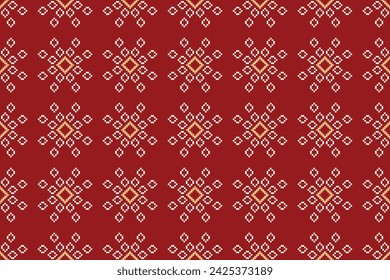 Traditional ethnic motifs ikat geometric fabric pattern cross stitch.Ikat embroidery Ethnic oriental Pixel red background. Abstract,vector,illustration. Texture,christmas,decoration,wallpaper.