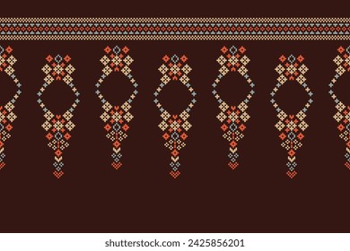 Traditional ethnic motifs ikat geometric fabric pattern cross stitch.Ikat embroidery Ethnic oriental Pixel brown background. Abstract,vector,illustration. Texture,scarf,decoration,wallpaper.