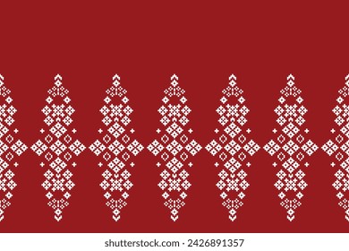 Traditional ethnic motifs ikat geometric fabric pattern cross stitch.Ikat embroidery Ethnic oriental Pixel red background. Abstract,vector,illustration. Texture,christmas,decoration,wallpaper.