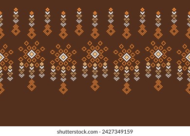 Traditional ethnic motifs ikat geometric fabric pattern cross stitch.Ikat embroidery Ethnic oriental Pixel brown background. Abstract,vector,illustration. Texture,scarf,decoration,wallpaper.