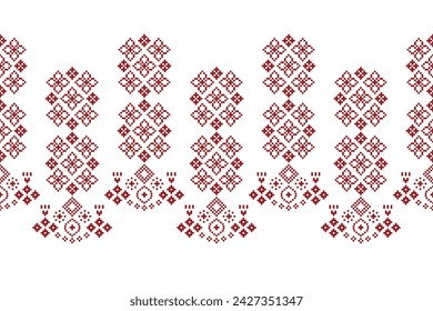 Traditional ethnic motifs ikat geometric fabric pattern cross stitch.Ikat embroidery Ethnic oriental Pixel white background.Abstract,vector,illustration. Texture,scarf,decoration,wallpaper.