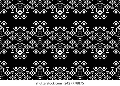 Traditional ethnic motifs ikat geometric fabric pattern cross stitch.Ikat embroidery Ethnic oriental Pixel black background.Abstract,vector,illustration. Texture,scarf,decoration,wallpaper.