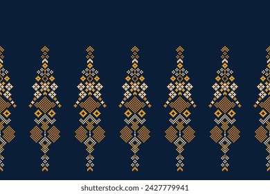 Traditional ethnic motifs ikat geometric fabric pattern cross stitch.Ikat embroidery Ethnic oriental Pixel navy blue background. Abstract,vector,illustration. Texture,scarf,decoration,wallpaper.