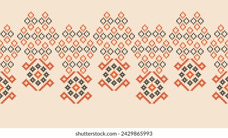 Traditional ethnic motifs ikat geometric fabric pattern cross stitch.Ikat embroidery Ethnic oriental Pixel brown cream background. Abstract,vector,illustration. Texture,scarf,decoration,wallpaper.