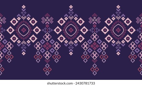 Traditional ethnic motifs ikat geometric fabric pattern cross stitch.Ikat embroidery Ethnic oriental Pixel violet purple background. Abstract,vector,illustration. Texture,scarf,decoration,wallpaper.