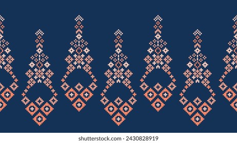 Traditional ethnic motifs ikat geometric fabric pattern cross stitch.Ikat embroidery Ethnic oriental Pixel navy blue background. Abstract,vector,illustration. Texture,scarf,decoration,wallpaper.