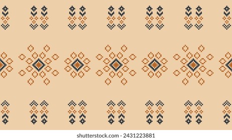 Traditional ethnic motifs ikat geometric fabric pattern cross stitch.Ikat embroidery Ethnic oriental Pixel brown cream background. Abstract,vector,illustration. Texture,scarf,decoration,wallpaper.
