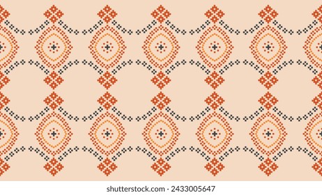Traditional ethnic motifs ikat geometric fabric pattern cross stitch.Ikat embroidery Ethnic oriental Pixel brown cream background. Abstract,vector,illustration. Texture,scarf,decoration,wallpaper.