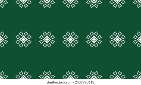 Traditional ethnic motifs ikat geometric fabric pattern cross stitch.Ikat embroidery Ethnic oriental Pixel green background.Abstract,vector,illustration. Texture,scarf,decoration,wallpaper.