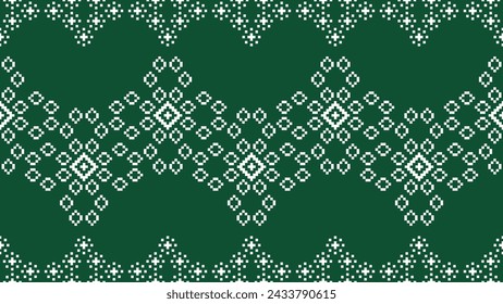 Traditional ethnic motifs ikat geometric fabric pattern cross stitch.Ikat embroidery Ethnic oriental Pixel green background.Abstract,vector,illustration. Texture,scarf,decoration,wallpaper.