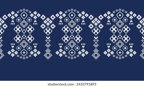 Traditional ethnic motifs ikat geometric fabric pattern cross stitch.Ikat embroidery Ethnic oriental Pixel navy blue background. Abstract,vector,illustration. Texture,scarf,decoration,wallpaper.