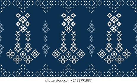 Traditional ethnic motifs ikat geometric fabric pattern cross stitch.Ikat embroidery Ethnic oriental Pixel navy blue background. Abstract,vector,illustration. Texture,scarf,decoration,wallpaper.