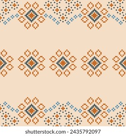 Traditional ethnic motifs ikat geometric fabric pattern cross stitch.Ikat embroidery Ethnic oriental Pixel brown cream background. Abstract,vector,illustration. Texture,scarf,decoration,wallpaper.