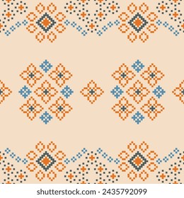 Traditionelle ethnische Motive ikat geometrische Stoffmuster Kreuzstich.Ikat Stickerei Ethnisch orientalisch Pixel braun creme Hintergrund. Abstrakt, Vektor, Illustration. Textur, Schal, Dekoration, Tapeten.