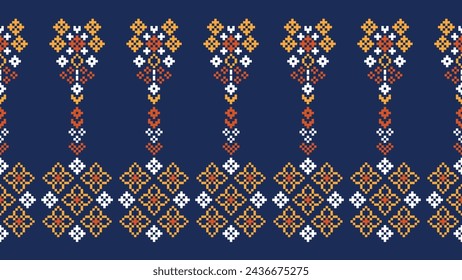 Traditional ethnic motifs ikat geometric fabric pattern cross stitch.Ikat embroidery Ethnic oriental Pixel navy blue background. Abstract,vector,illustration. Texture,scarf,decoration,wallpaper.