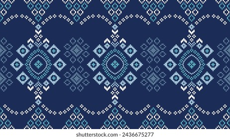 Traditional ethnic motifs ikat geometric fabric pattern cross stitch.Ikat embroidery Ethnic oriental Pixel navy blue background. Abstract,vector,illustration. Texture,scarf,decoration,wallpaper.