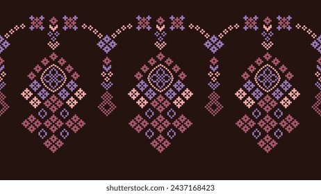 Traditional ethnic motifs ikat geometric fabric pattern cross stitch.Ikat embroidery Ethnic oriental Pixel brown background. Abstract,vector,illustration. Texture,scarf,decoration,wallpaper.