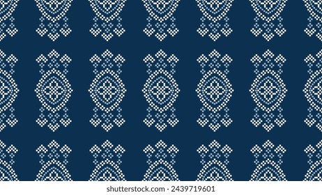 Traditional ethnic motifs ikat geometric fabric pattern cross stitch.Ikat embroidery Ethnic oriental Pixel navy blue background. Abstract,vector,illustration. Texture,scarf,decoration,wallpaper.